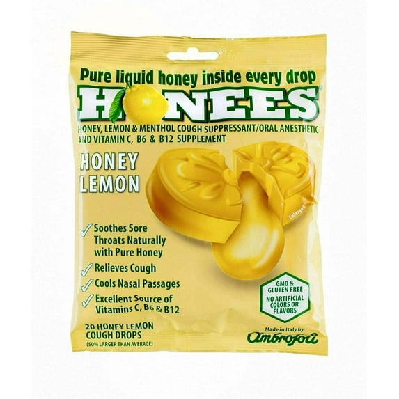 Honees Menthol Cough Suppressant Vitamin C & B6, Honey Lemon, 20ct, 2-Pack