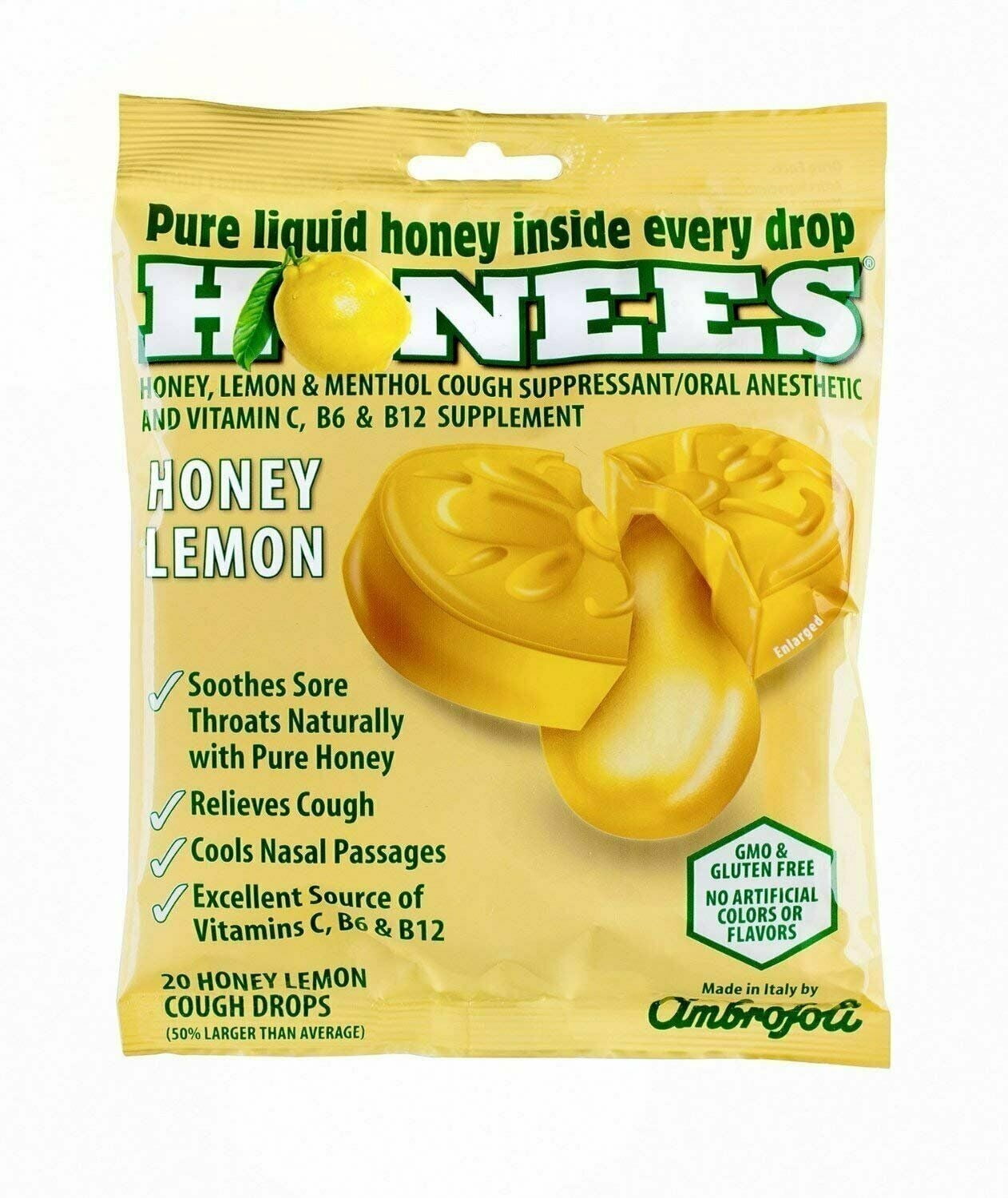 Honees Menthol Cough Suppressant Vitamin C & B6, Honey Lemon, 20ct, 4-Pack