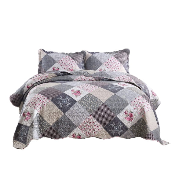 HoneiLife Quilts King Size - 3 Piece Microfiber Quilt set Reversible Bedspreads Patchwork Coverlets Floral Bedding Set All Season, Grey