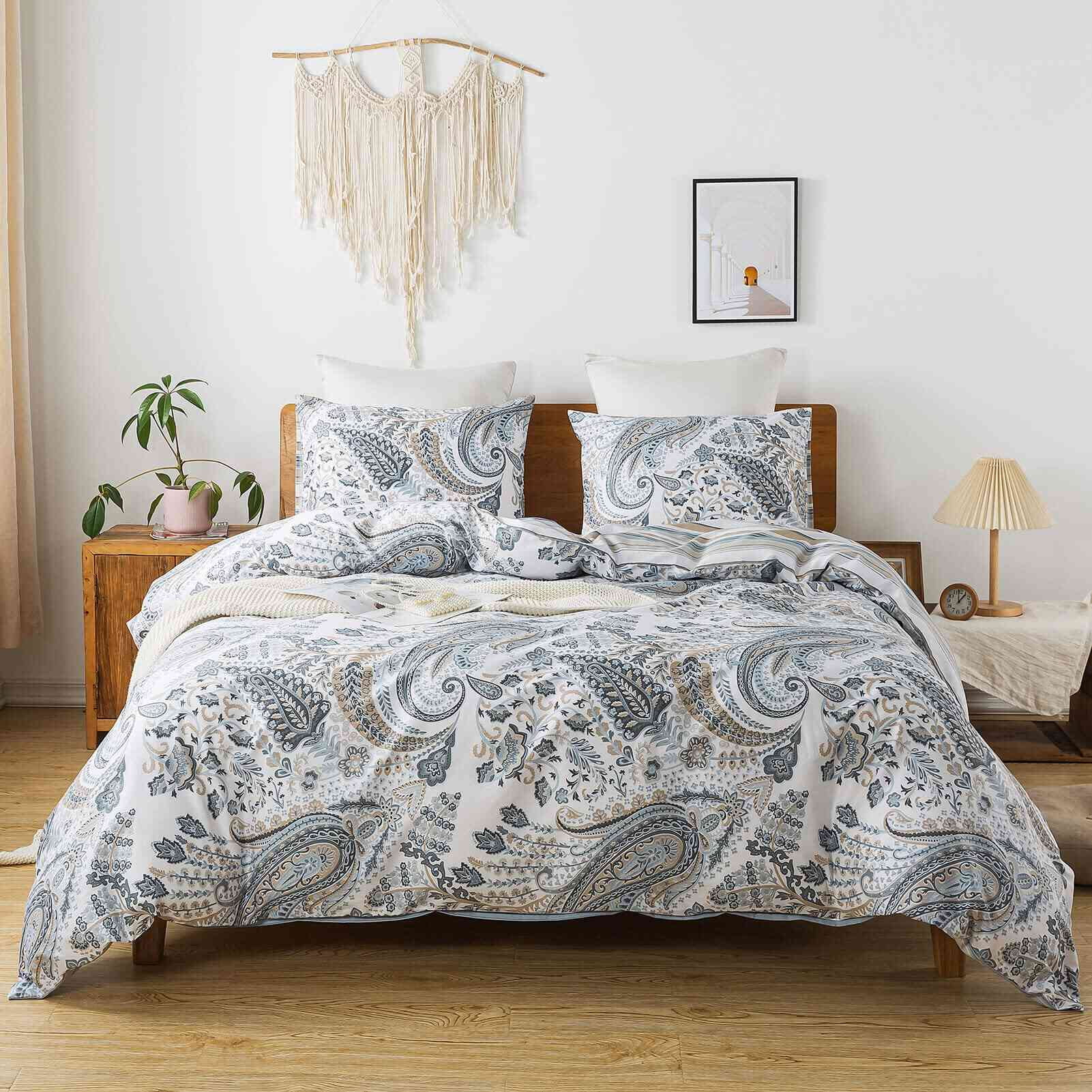 HoneiLife 3pc Duvet Cover King Size - 100% Cotton Comforter Floral Breathable Duvet Cover with Zipper Closure & Corner Ties, Dark Grey
