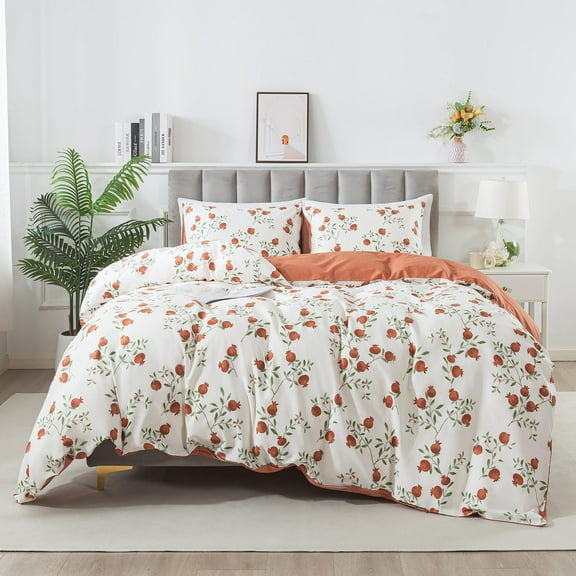 HoneiLife 3pc Duvet Cover King Size - 100% Cotton Comforter Floral Breathable Duvet Cover with Zipper Closure & Corner Ties, Orange Pomegranate