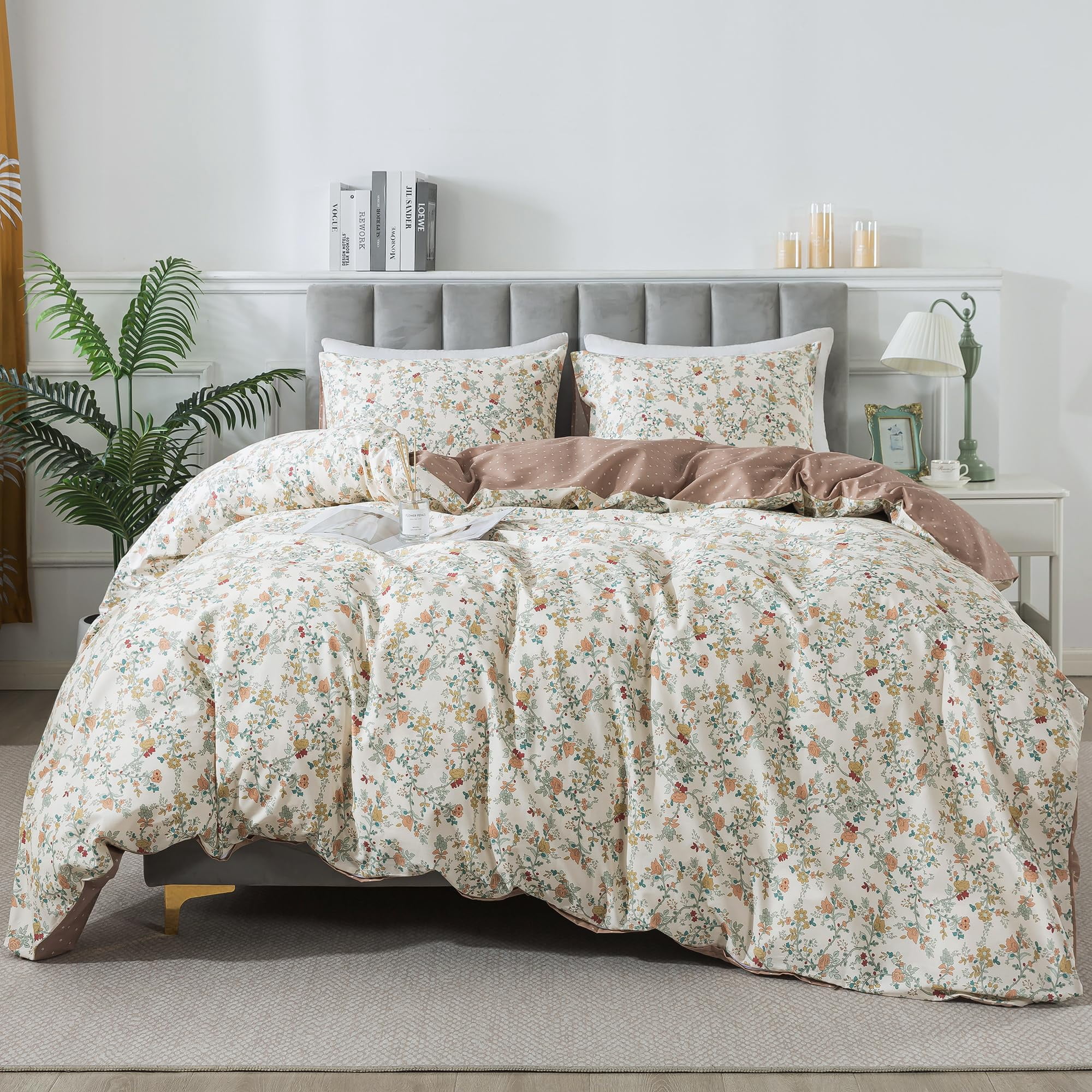 HoneiLife 3pc Duvet Cover Queen Size - 100% Cotton Comforter Floral Breathable Duvet Cover with Zipper Closure & Corner Ties, Brown Branches
