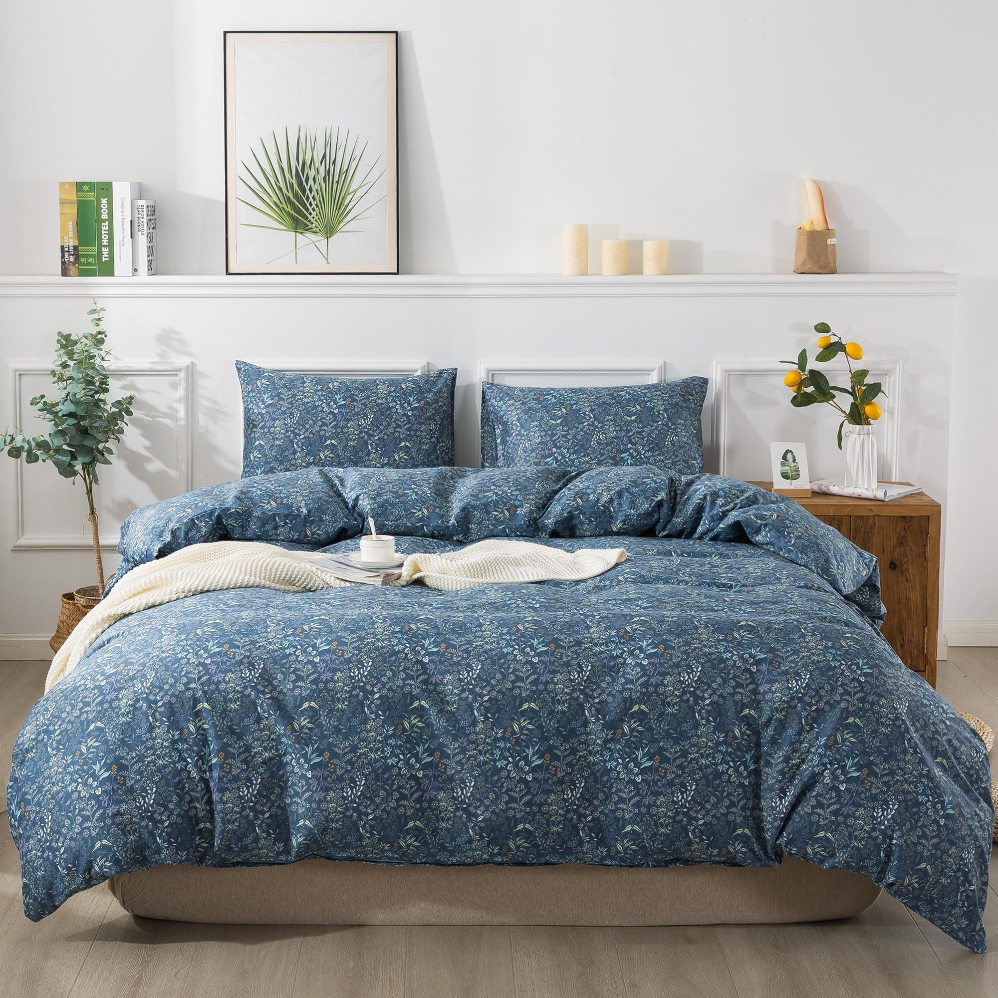 HoneiLife 3pc Duvet Cover Queen Size - 100% Cotton Comforter Floral Breathable Duvet Cover with Zipper Closure & Corner Ties, Blue Flower