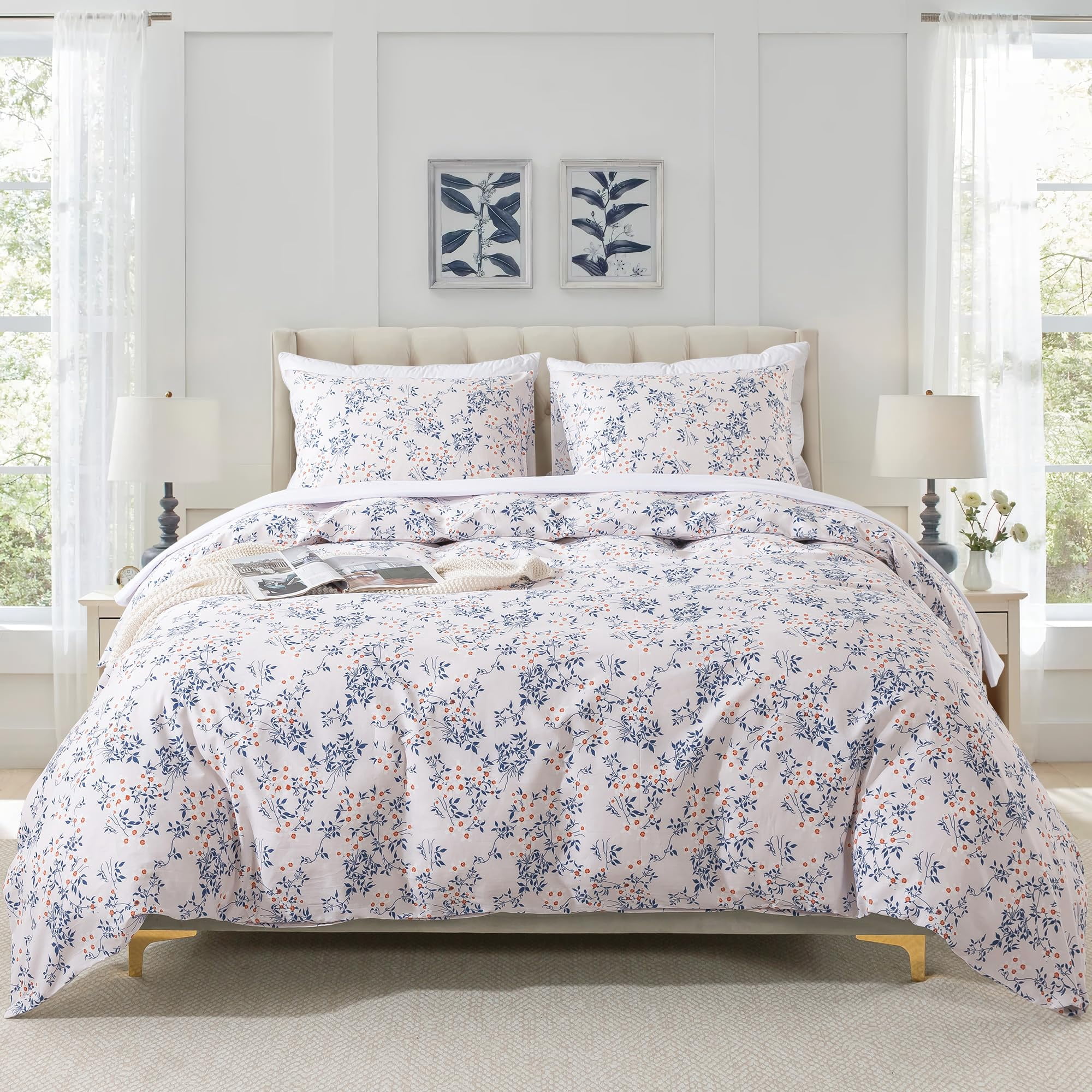 HoneiLife 3pc Duvet Cover Queen Size - 100% Cotton Comforter Floral Breathable Duvet Cover with Zipper Closure & Corner Ties, Blue Leaves
