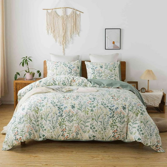 HoneiLife 3pc Duvet Cover Queen Size - 100% Cotton Comforter Floral Breathable Duvet Cover with Zipper Closure & Corner Ties, Green Grass
