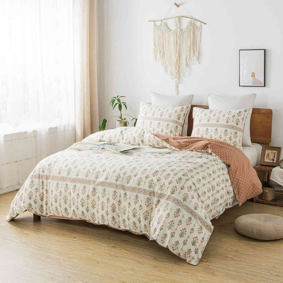 HoneiLife 3pc Duvet Cover Queen Size - 100% Cotton Comforter Floral Breathable Duvet Cover with Zipper Closure & Corner Ties, Orange