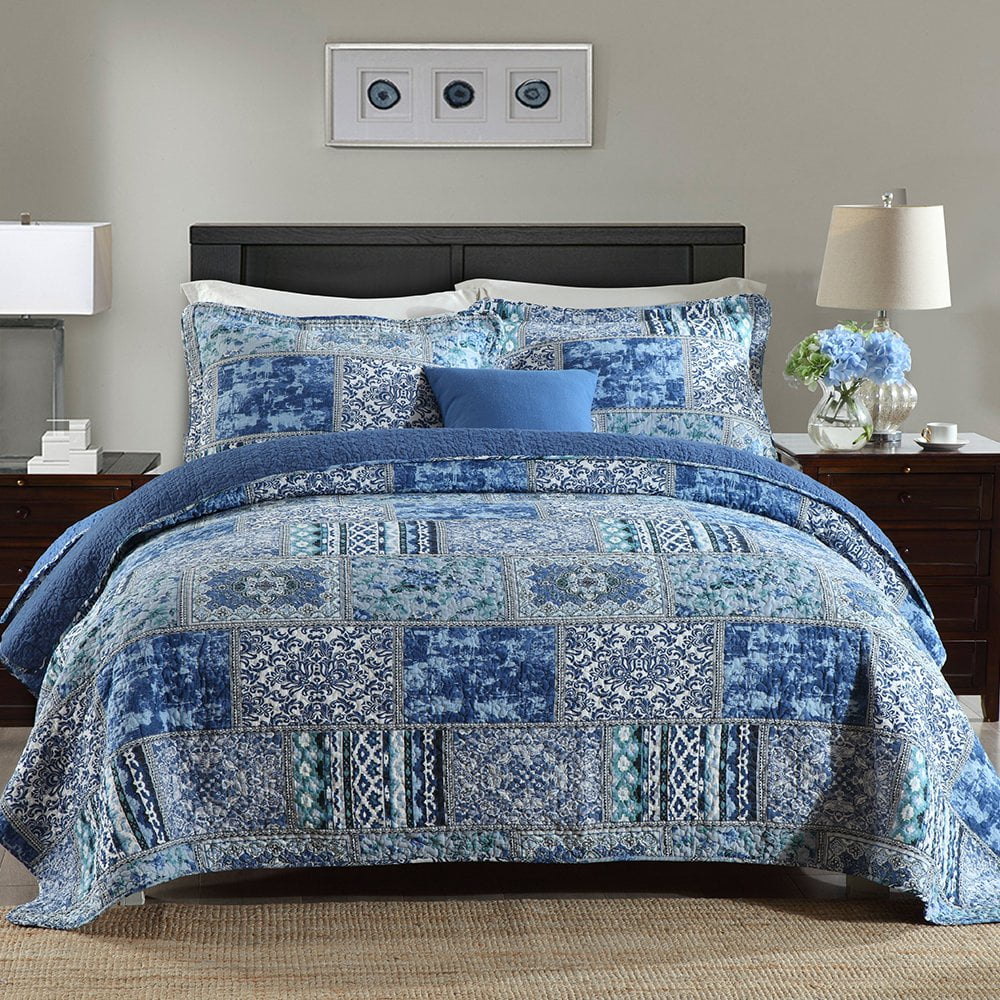 HoneiLife Cotton Quilt Set 3 Piece Lightweight Quilts Bedding Set, Blue, King
