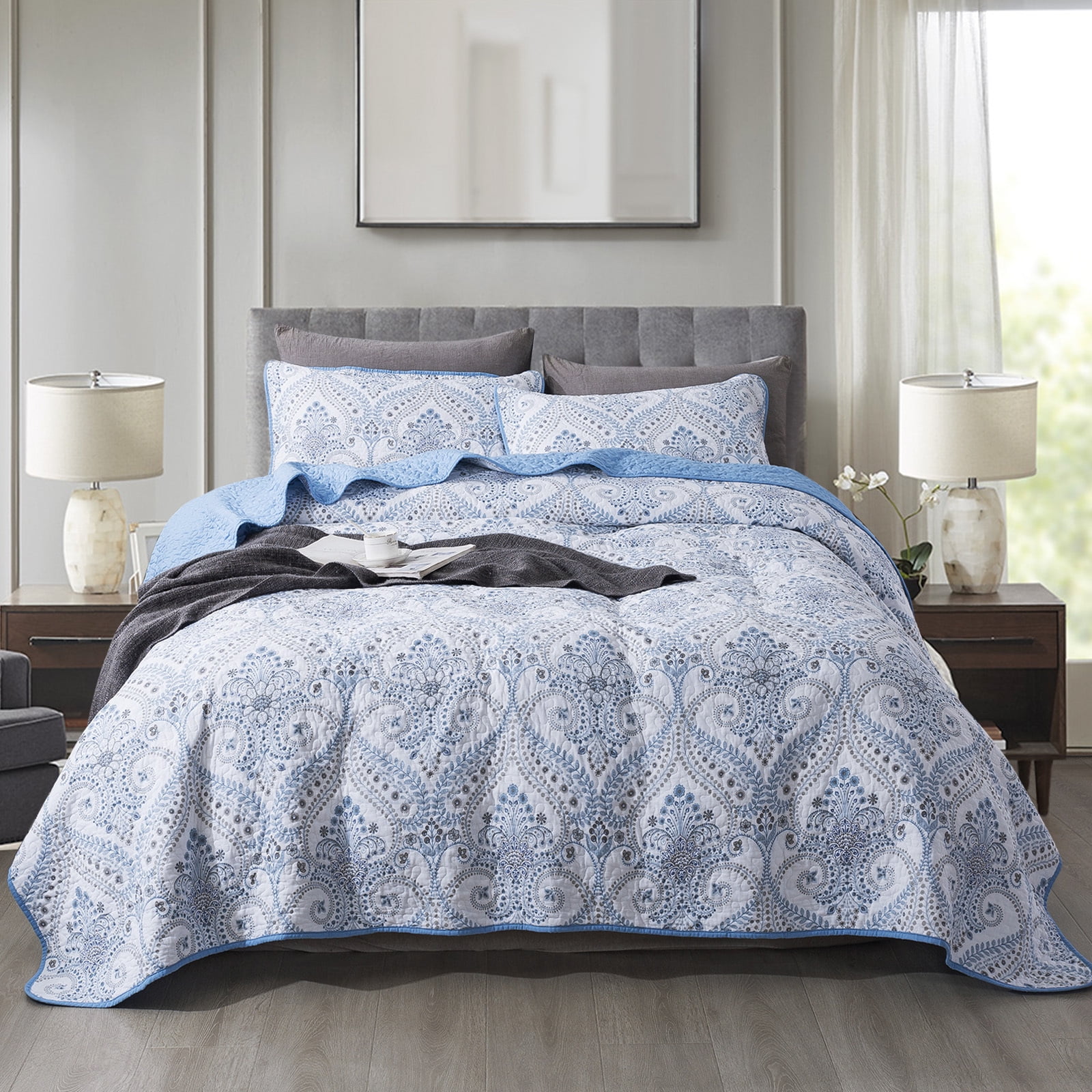 Blue and White Damask Reversible King Microfiber Quilt Set