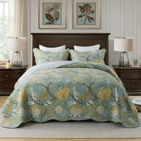 HoneiLife Cotton Quilt Set 3 Piece Lightweight Quilts Bedding Set, Green, Queen