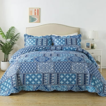 HoneiLife Quilts King Size - 3 Piece Microfiber Quilt set Reversible Bedspreads Patchwork Coverlets Floral Bedding Set All Season, Blue