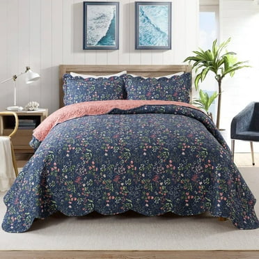 HoneiLife Quilts King Size - 3 Piece Microfiber Quilt set Reversible Bedspreads Patchwork Coverlets Floral Bedding Set All Season, Navy Blue
