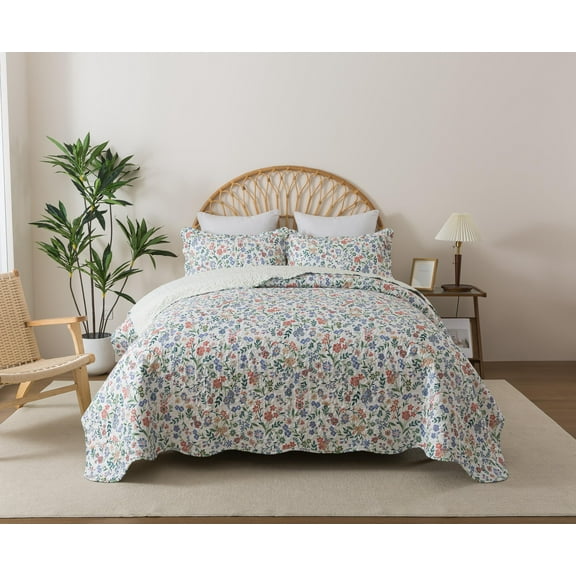 HoneiLife Quilts King Size - 3 Piece Microfiber Quilt set Reversible Bedspreads Patchwork Coverlets Floral Bedding Set All Season, Purple Flowers