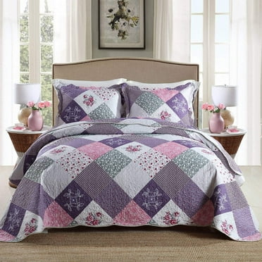 HoneiLife Quilts King Size - 3 Piece Microfiber Quilt set Reversible Bedspreads Patchwork Coverlets Floral Bedding Set All Season, Purple