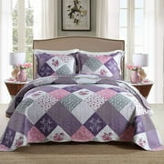 HoneiLife Quilts King Size - 3 Piece Microfiber Quilt set Reversible Bedspreads Patchwork Coverlets Floral Bedding Set All Season, Purple