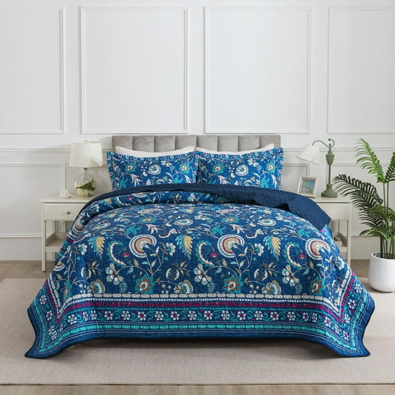 HoneiLife Quilts King Size - 3 Piece Microfiber Quilt set Reversible Bedspreads Patchwork Coverlets Floral Bedding Set All Season, Vintage Blue
