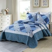 HoneiLife Quilts Queen Size - 3 Piece Microfiber Quilt set Reversible Bedspreads Patchwork Coverlets Floral Bedding Set All Season, Blue and White