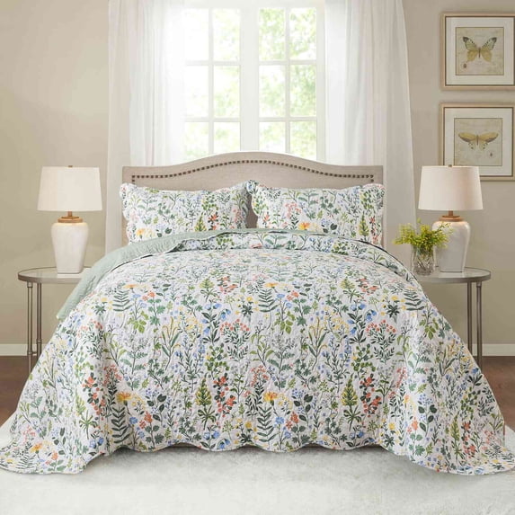 HoneiLife Quilts Queen Size - 3 Piece Microfiber Quilt set Reversible Bedspreads Patchwork Coverlets Floral Bedding Set All Season, Green and White