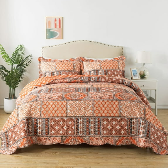 HoneiLife Quilts Queen Size - 3 Piece Microfiber Quilt set Reversible Bedspreads Patchwork Coverlets Floral Bedding Set All Season, Orange