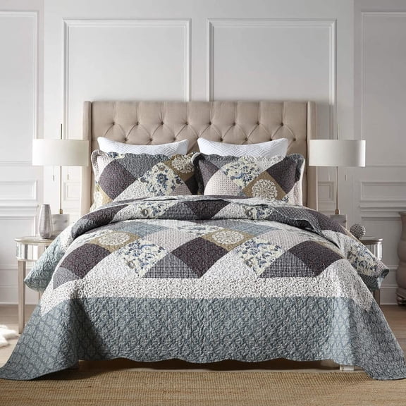 HoneiLife Quilts Queen Size - 3 Piece Microfiber Quilt set Reversible Bedspreads Patchwork Coverlets Floral Bedding Set All Season, Slate Blue