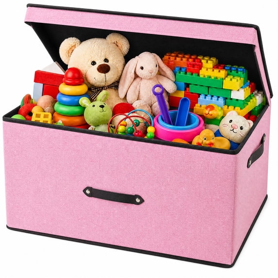 HONEIER Large Toy Box, Toy Box with Lid, Foldable Toy Box Storage Chest for Kids Playroom Nursery Living Room, 24 x 16 x 12 Inches, Pink