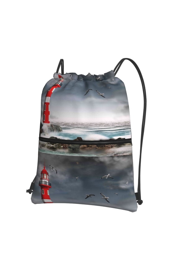 3d Lighthouse in the Surf Print Drawstring Backpack,String Bag,Sackpack Cinch Water Resistant Nylon for Gym Shopping Sport Yoga