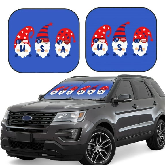 Honeii 4th of July Gnomes Print Foldable Car Sun Shade for Windshield, 2-Piece UV Protection Shade, Protects Car Interior, Ideal for Cars, Trucks, SUVs-Small