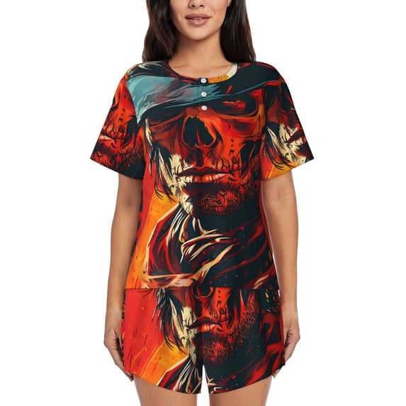 Honeii 60s Western Skull Cowboy for Women's Summer Pajama Set featuring Soft Short Sleeve Shirt & Matching Bottoms with Convenient Pockets for Relaxed Home Wear-Small