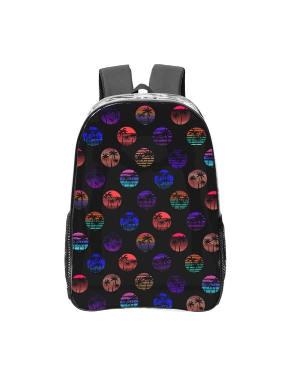 80s Style Palm Trees Print Clear Backpack Heavy Duty Transparent Bag 17" See Through BookBag for Women Men Adults Work Festival Sports Travel
