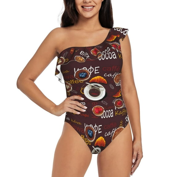 Honeii A Cup Of Black Coffee On A Saucer for women's one-piece swimsuit featuring a chic one-shoulder design experience elegance and style in the water-Large