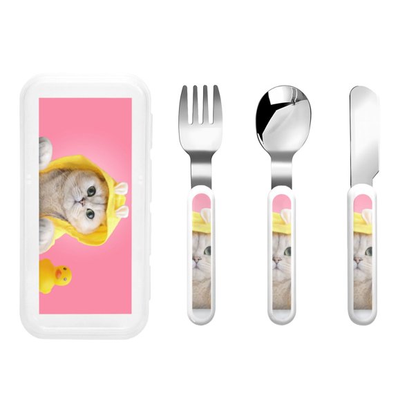 Honeii A Funny Cat Print Children's Knife, Fork And Spoon Set,Reusable Utensils Set with Case,Travel Cutlery Set,for Kids Adults Camping
