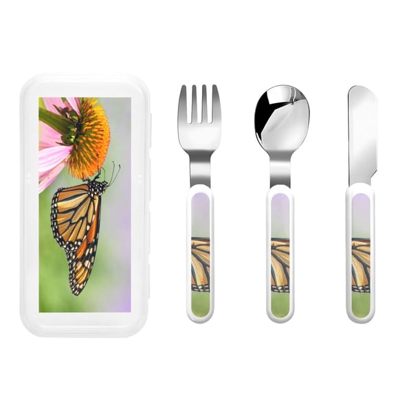 Honeii A monarch butterfly Print Children's Knife, Fork And Spoon Set,Reusable Utensils Set with Case,Travel Cutlery Set,for Kids Adults Camping