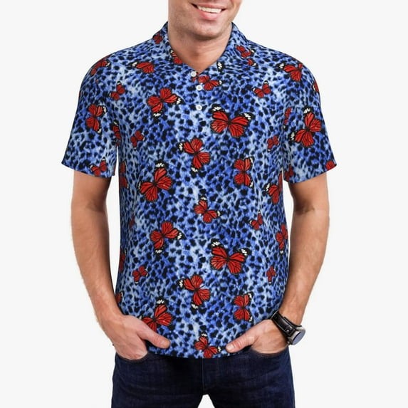 Honeii Abstract Colorful Butterflies print Polo Shirt, a classic short-sleeved, button-down golf shirt designed for menLarge