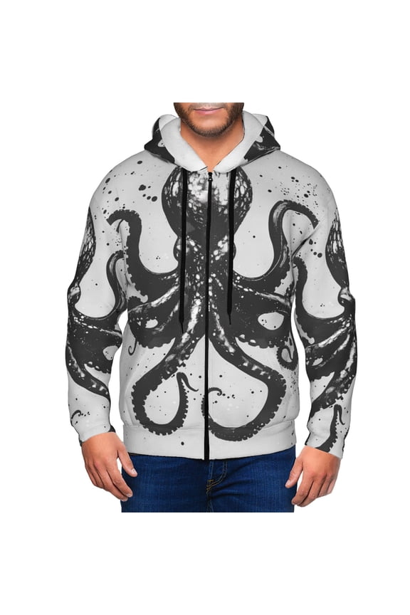 Abstract Ink Octopus Print Hoodies for Men, Pullover & Full Zip, Breathable Zip up Hoodie, Sweatshirt-Medium