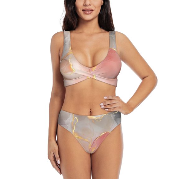 Honeii Abstract Marble Texture Print Women’s Bikini Set,Two Piece Swimsuit Bathing Suits,Stylish High Elasticity Swimwear for Beach and Pool