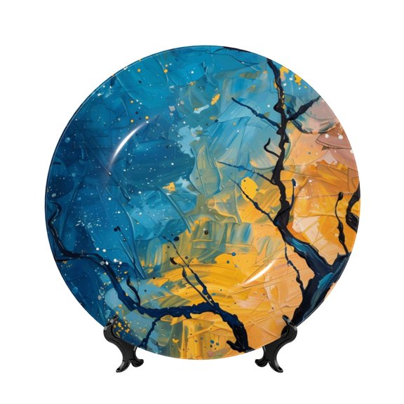 Honeii Abstract Night Sky Tree Print Elegant Bone China Decorative Plate, Porcelain Plate,Art Crafts,Ceramic Ornaments for Home Office Wall Decor-10in