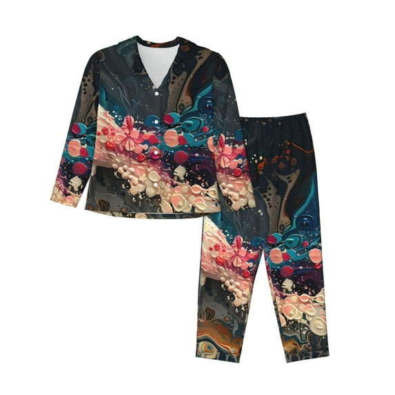 Honeii Abstract Peacock Painting Print Women's Pajama Sets Long Sleeve Button Down Sleepwear Nightwear Soft Pjs Lounge Sets 2PCS-Large