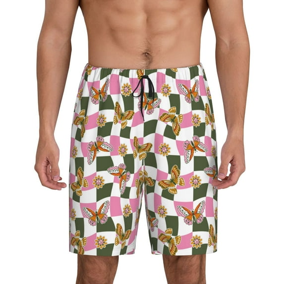 Honeii Abstract Pink Plaid Butterfly Print Men's Pajama Sleepwear Shorts - a comfy pajama bottom and lounge short for Relaxed Home Wear-XX-Large