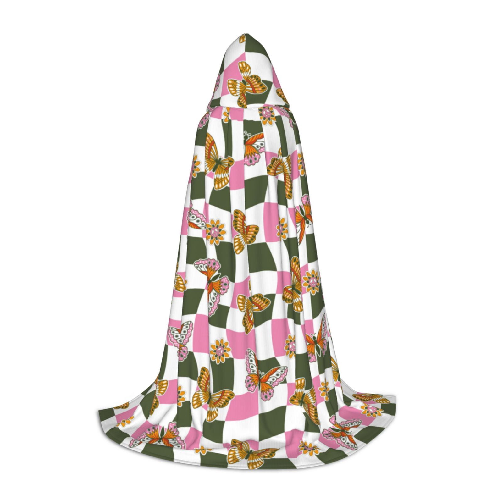 Honeii Abstract Pink Plaid Butterfly Print Poncho Cape, Cloak Coat ...