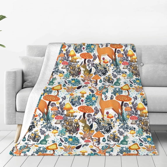 Honeii Abstract Plants Mushroom Deer Print Fleece Blanket - Throw Blanket for Bed, Sofa, Couch, Camping, and Travel , Microplush Ultra Soft Warm Blanket-40"x30"