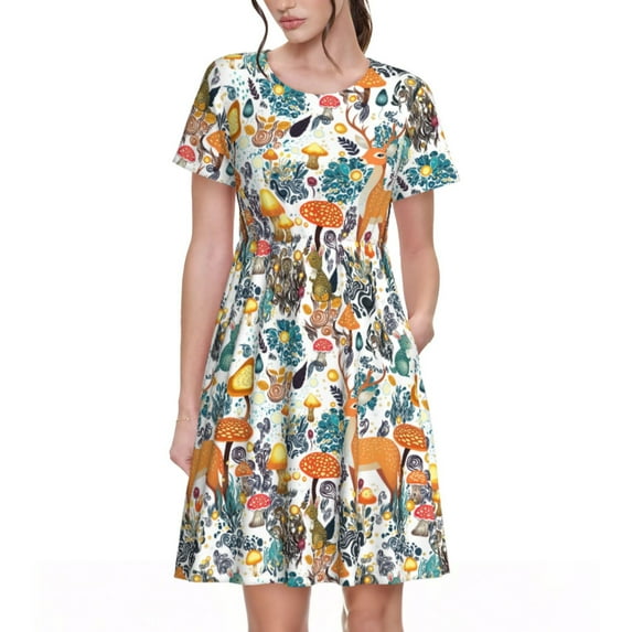 Honeii Abstract Plants Mushroom Deer Print Women’s Short Sleeve Dress, Comfortable Casual Dress, Soft Polyester Spandex Blend, Stylish Everyday Wear for Summer, Perfect for Travel and Vacation