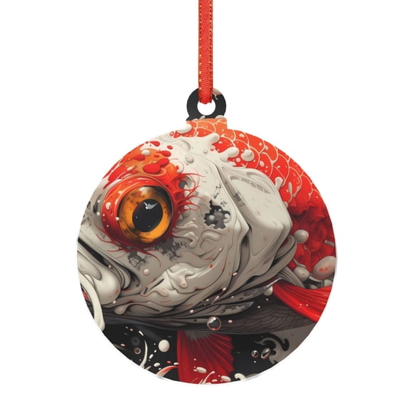 Honeii Abstract Red Koi Fish Art Print Christmas Tree Acrylic Ornament | Christmas Decoration, Living Room Bedroom Garden Seasonal Decor for Christmas Tree-Round Shape