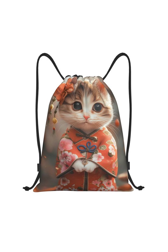 Adorable Kitten In Kimono Print Drawstring Backpack,Drawstring Bags String Backpack Gym Cinch Sack Backpack Sport Bag Draw-Small