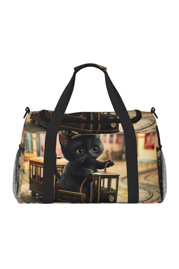 Adorable Kitten On Mini Train Print Gym Bag,Carry on Weekender Overnight Bag, Travel Duffel Bags, Personal Item Travel Bag,Tote Bag,Workout Dance Bag