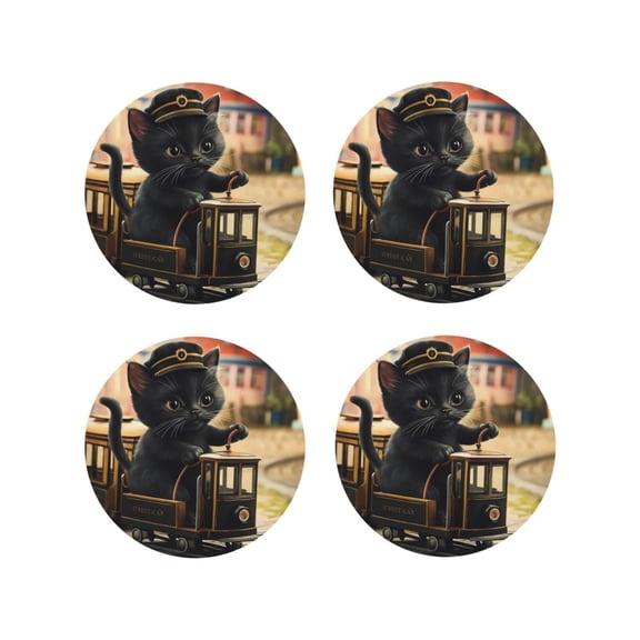 Honeii Adorable Kitten On Mini Train Print Leather Coaster Set of 4, Ideal for Safeguarding Your Furniture from Drinks Spills and Effortless Cleanup-Round Shape