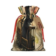 Honeii Adorable Kitten On Mini Train Print Small Burlap Bags,Christmas Drawstring Treat Bags Gift Bags Reusable Candy Goodie Wrapping Bags for Holiday Party Favors Supplies -Medium