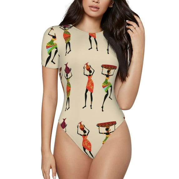 Honeii African Women Print Women's Crew Neck Short Sleeve Bodysuit Fashion T-shirt Tops-Medium