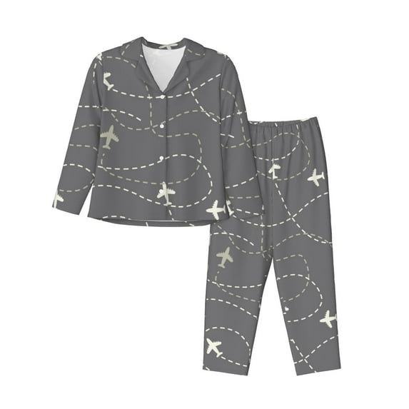 Honeii Airplane Routes Around The World print Women's Pajama Sets Long Sleeve Button Down Sleepwear Nightwear Soft Pjs Lounge Sets-Small