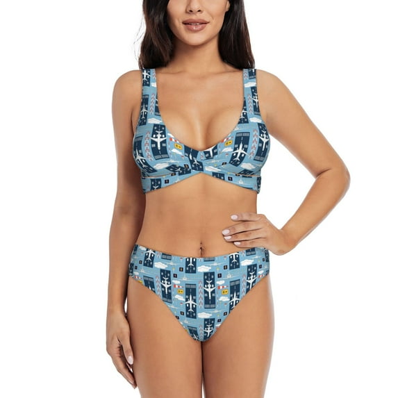 Honeii Airplanes and Aviation Signs Print Women’s Bikini Set,Two Piece Swimsuit Bathing Suits,Stylish High Elasticity Swimwear for Beach and Pool