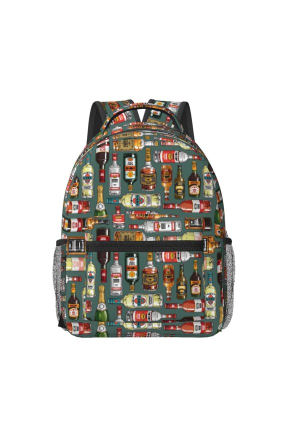 Alcohol Bottles Print Backpack for School,15.6 inch Laptop Back Pack for High School and College Students, Waterproof Computer Bookbag-One Size