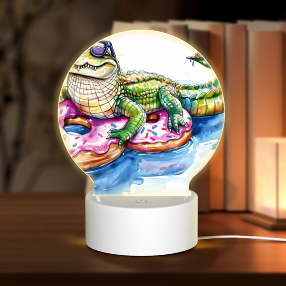 Honeii Alligator Donut Pool Float Print Acrylic LED Night Lamp,Round Touch-Control Night Light with 3 Lighting Modes,for Bedrooms, Living Rooms, and Gifting